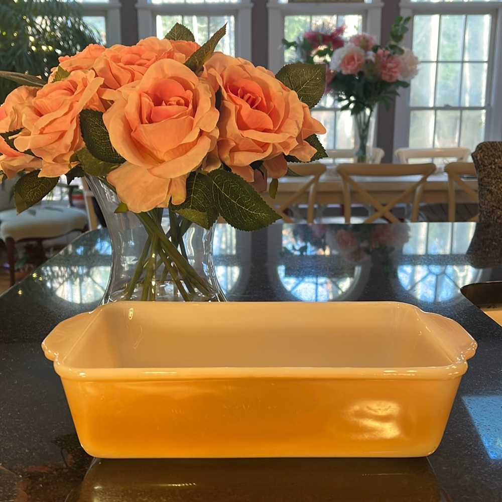 Fire King Peach Opalescent Luster Ware Platonite Loaf Pan